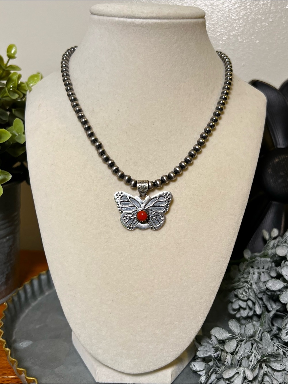 925 Sterling Silver Red Coral Butterfly Pendant Southwestern - Picture 9 of 12